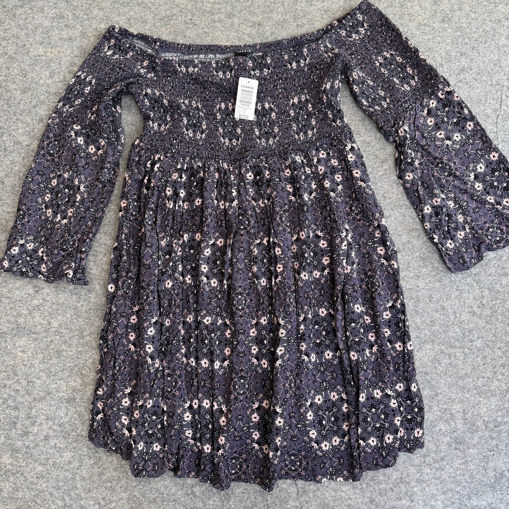 Torrid Dress Womens 2‎ Purple Floral Off Shoulder Smocked Bell Sleeve Fit Flare